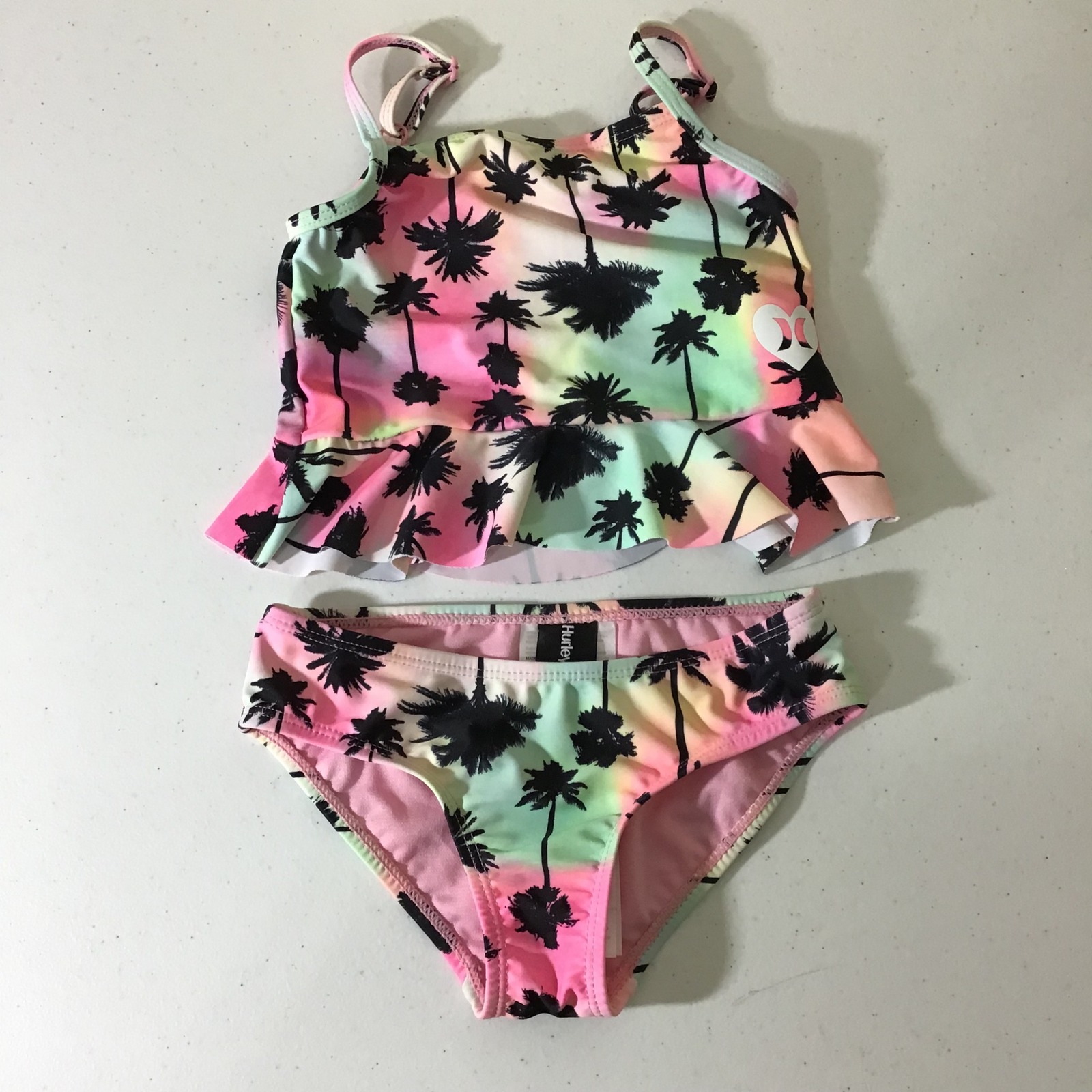 Hurley Girls Pink Green Ombre Palm Tree Ruffle Tankini Swimsuit 2 Piece Set 4
